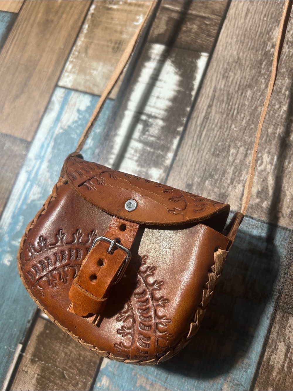 Hand-Tooled Brown Leather mini crossbody